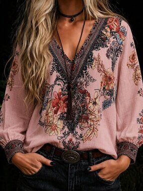 Pink Boho Women's Floral Print V-Neck Long Sleeve Blouse